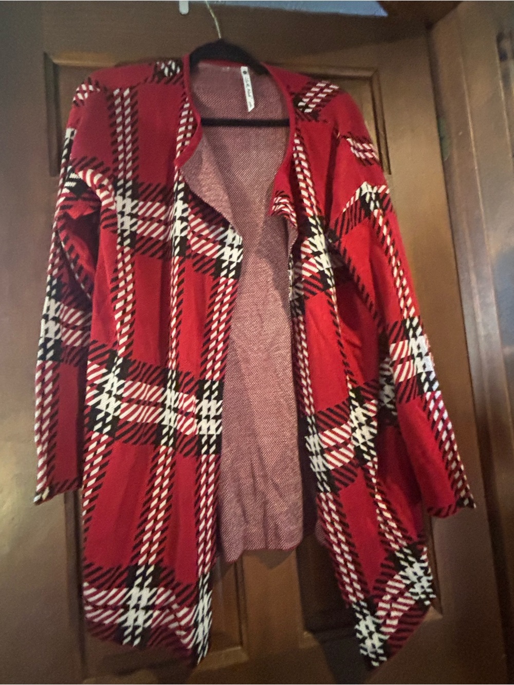 Lee Red Plaid Open-Front Women's Cardigan Sweater